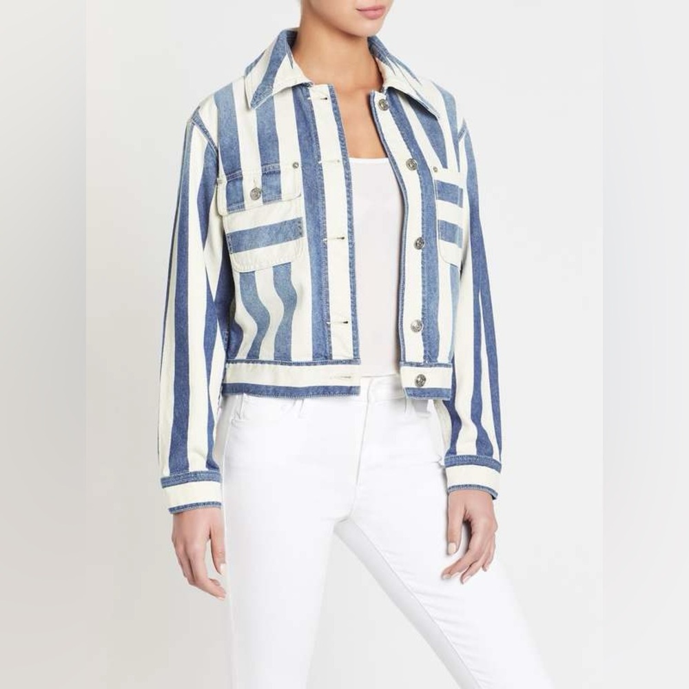 Current/Elliott Sammy Jacket Bay Stripe Blue & Cream Denim Jacket Classy XS 0 - Picture 13 of 14